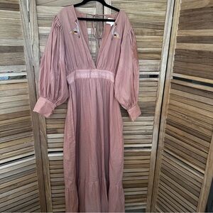 Carolina K V Neck Bird Print appliqué Maxi Dress in Pink size M